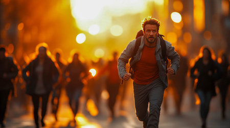 Stressed man in the foreground of a bustling city crowd, symbolizing urban pressure and fast-paced life.の素材