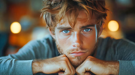 Young man looks frustrated at a cluttered desk, with sunlight streaming through the office window, creating a warm glow in the room.の素材
