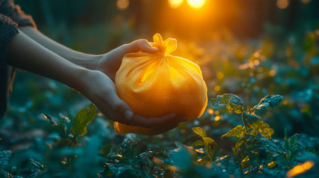 Hand holding a cloth money bag against a sunset background, symbolizing wealth and savings.の素材