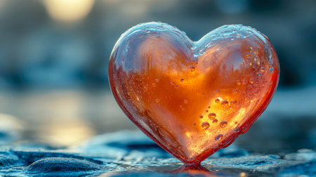 Close-up of a glass-like heart sculpture with glowing orange and red hues in the sunset, perfect for Valentine's Day, love, and romantic themes.の素材