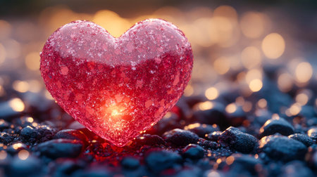 Sparkling red heart with bokeh lights in background, symbolizing love, romance, and Valentine's Day in a photorealistic style.の素材