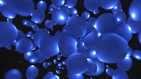 Abstract background with bright blue flying liquid bubbles glowing energy magic circles and balls drops.の写真素材