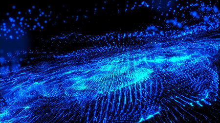 Abstract background with blue moving flying stripes, lines, waves of digital hi-tech smoke particles...