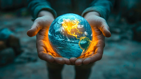 Hands holding a glowing globe, symbolizing global awareness, sustainability, and environmental responsibility.の素材