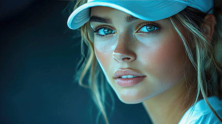Close-up of a woman with intense blue eyes and a tennis racket in the foreground, emphasizing focus and determination.の素材