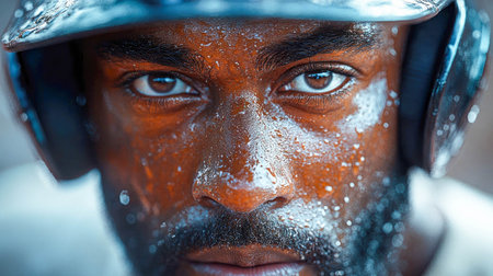 A close-up portrait of a baseball players intense expression, his face covered in sweat and water droplets from the game.の素材
