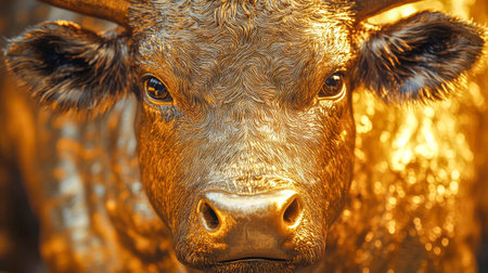 A highly detailed close-up of a golden bull statue, symbolizing a bullish market and financial success, often associated with prosperity in stock market trading.の素材