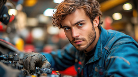A cheerful industrial worker wearing a hard hat and gloves, smiling while working in a factory. Suitable for themes of labor, safety, and blue-collar jobs.の素材