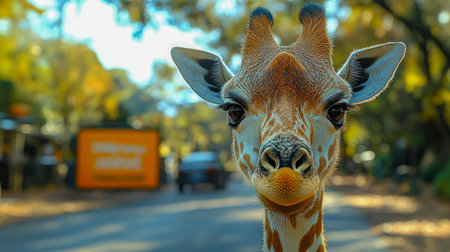 A lone giraffe walking through a golden field at sunset.の素材