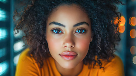 Close-up of a woman in a data center, surrounded by glowing red servers. Futuristic technology and cyber security concept.の素材