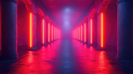 A futuristic corridor lined with vibrant neon lights in pink, orange, and blue hues. The perspective leads towards a distant light, creating a sense of depth and surreal atmosphere.の素材