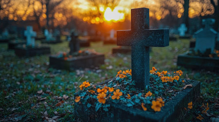 A cemetery at sunset with a cross gravestone surrounded by orange flowers, creating a peaceful and reflective mood with warm light filtering through the trees.の素材