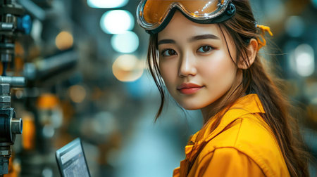 Young female engineer wearing protective goggles and a yellow uniform, working in a high-tech factory engineering, technology, and manufacturing.の素材