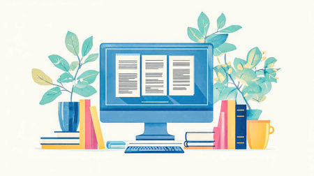 Illustration of a computer on a desk surrounded by books, plants, and a coffee cup, symbolizing online education and digital learning.の素材