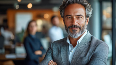 Portrait of a confident businessman with a gray beard in a suit, arms crossed, standing in an office environment, exuding leadership and professionalism.の素材