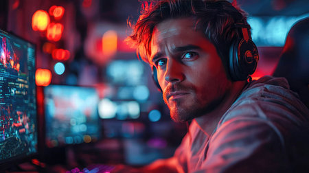 Young man focuses on his computer screen, gaming in a neon-lit room, with raindrops on the window. Intense gamer setup in urban night environment.の素材