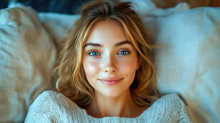 Portrait of a smiling young woman lying on a bed, radiating warmth and contentment. Bright, inviting, and natural beauty in a relaxed setting.の素材