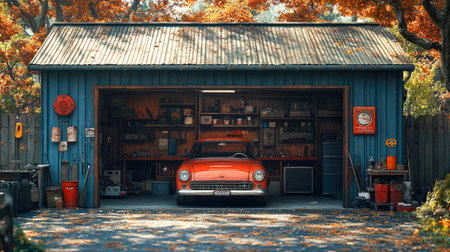 A vintage car in a rustic, cluttered garage filled with old automotive tools, parts, and retro decor, bathed in warm sunlight.の素材