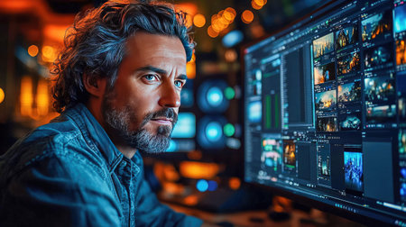 A film editor working on multiple monitors with vibrant bokeh lighting. The setup includes headphones, highlighting focus and creativity in video production.の素材