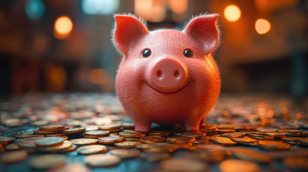 A golden piggy bank surrounded by coins, representing saving money, wealth, financial growth, and prosperity. Warm lighting emphasizes a sense of abundance and financial security.の素材