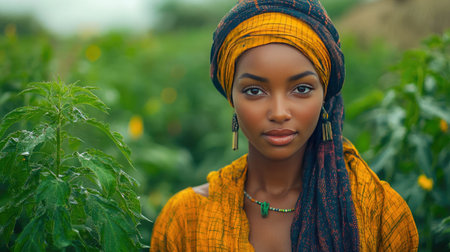 Portrait of an African woman wearing a traditional headscarf, surrounded by greenery in a rural setting. She gazes confidently into the camera, showcasing beauty and culture.の素材