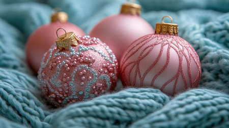 Soft pink Christmas ornaments with knit textures and sparkles, placed on a cozy blue knitted blanket. Festive and elegant decorations for the holiday season.の素材