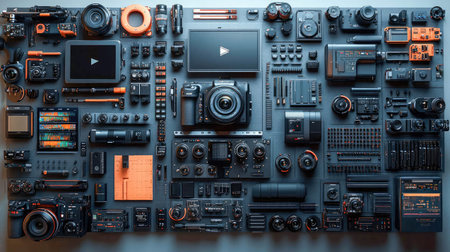 A flat lay of various modern cameras and photography equipment, neatly organized on a light background.の素材
