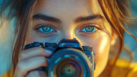 Close-up of a womans face with striking blue eyes, holding a camera. Captures passion for photography and artistic focus.の素材