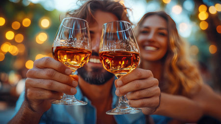 A happy couple holding wine glasses, toasting in a festive outdoor setting with warm bokeh lights, symbolizing joy and celebration.の素材