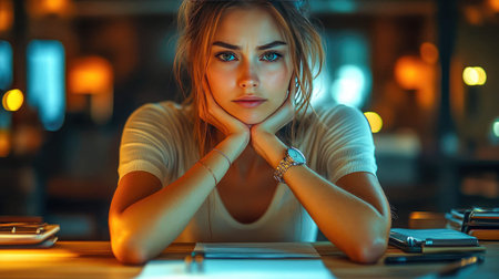 A young woman with a contemplative look, resting her chin on her arms. The dim, soft lighting highlights her thoughtful expression, adding a sense of emotion and introspection.の素材
