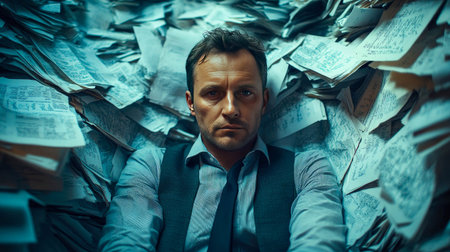An exhausted man lies surrounded by a sea of paperwork, highlighting the overwhelming feeling of work overload in a disorganized environment.の素材