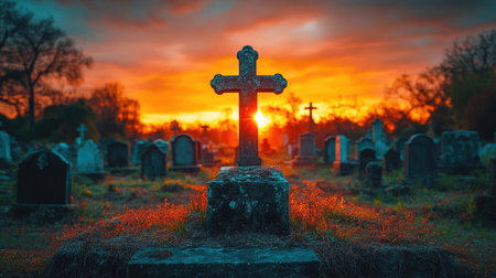 A dramatic scene of a cemetery with a cross and gravestones against a fiery sunset sky, symbolizing peace and eternity.の素材