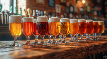 Craft beer in frosty glasses with rich amber hues and a foamy head, perfectly lined up on a rustic wooden bar in a cozy pub setting.の素材