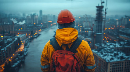 A construction worker in a hard hat overlooks a city at dusk, with a glowing skyline and vibrant lights.の素材