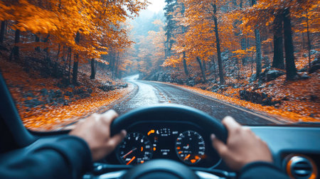 A man driving through a scenic mountain road in autumn, surrounded by vibrant orange foliage and misty peaks.の素材