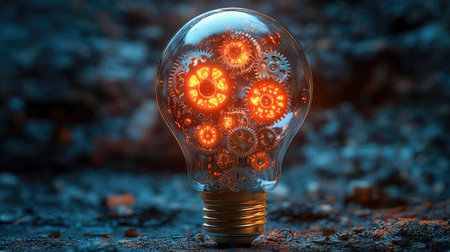 A glowing light bulb filled with intricate gears, symbolizing innovation, technology, and creativity.の素材