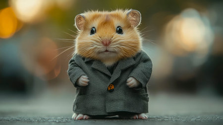 A humorous hamster dressed in a scientists lab coat, wearing glasses, standing in a laboratory environment.の素材