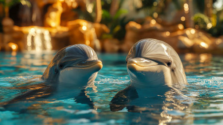 Photorealistic underwater scene of two dolphins swimming in clear ocean water.の素材