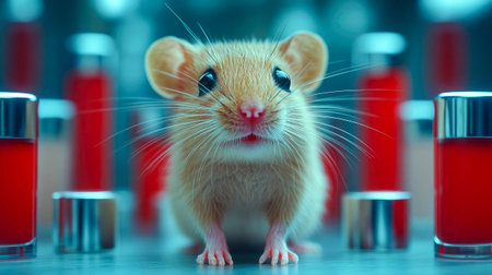 A white lab mouse on a red button in a sterile lab, symbolizing research or testing.の素材