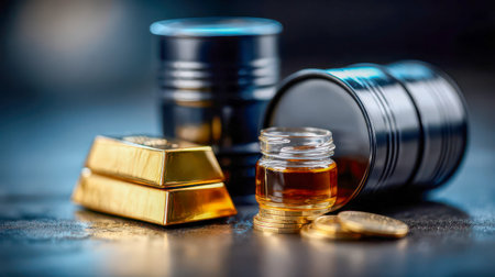 Gold bars and crude oil sample vial with barrels and coins, energy commodities trading and finance concept.の素材