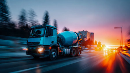 Concrete mixer truck speeding along a highway at sunset with dramatic motion blur, representing fast logistics and urban construction.の素材