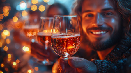 A joyful moment with family or friends clinking glasses in celebration during a Christmas dinner.の素材