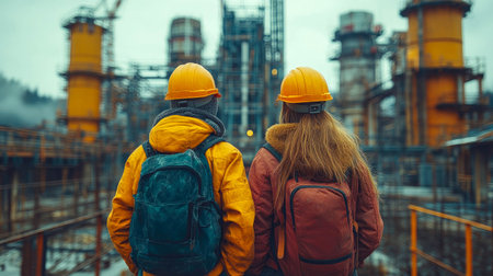 A group of workers in yellow helmets and jackets walking toward an industrial plant on a cloudy day.の素材