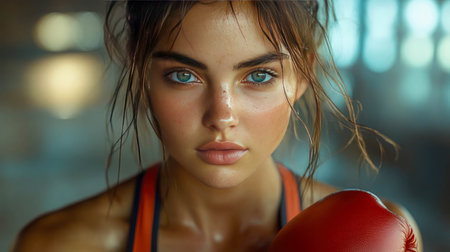 A confident young female boxer wearing red gloves and a sports bra, intensely focused, standing in an atmospheric gym setting with soft natural lighting.の素材