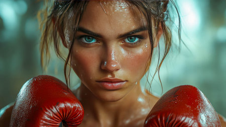 A confident young female boxer wearing red gloves and a sports bra, intensely focused, standing in an atmospheric gym setting with soft natural lighting.の素材