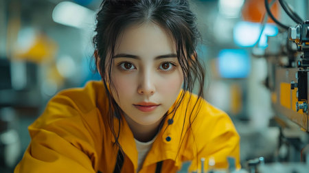 A woman in a yellow jacket disassembling electronics in a junkyard, showing focus and determination.の素材