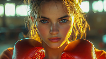 A confident young female boxer wearing red gloves and a sports bra, intensely focused, standing in an atmospheric gym setting with soft natural lighting.の素材
