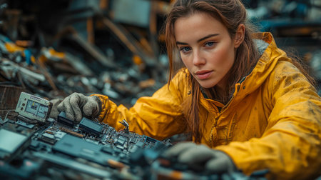 A woman in a yellow jacket disassembling electronics in a junkyard, showing focus and determination.の素材