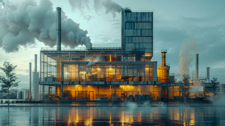 An eco-friendly waste recycling factory in a lush forest setting.の素材