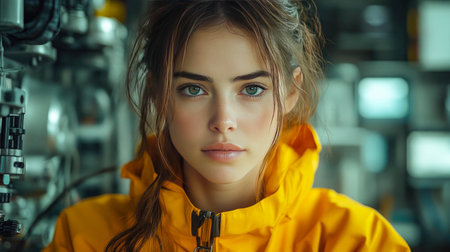 A woman in a yellow jacket disassembling electronics in a junkyard, showing focus and determination.の素材
